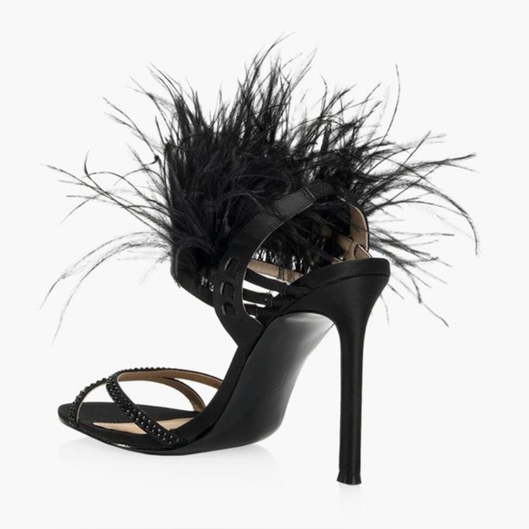 Browns strappy satin heels, 7M, ostrich feathers open toe rhinestones Party NEW - Picture 4 of 10